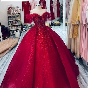 Various Styles Cap Sleeves or Sleeveless Red Sparkle Ball Gown Wedding ...