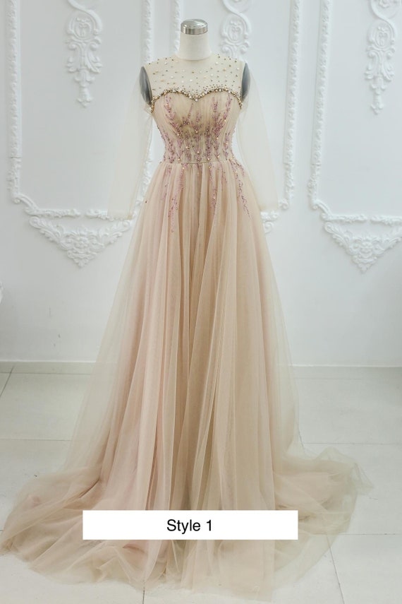 Vestido de novia de corte A con encaje y cuentas en color beige nude y cafe varios largos y estilos de mangas Etsy Mexico
