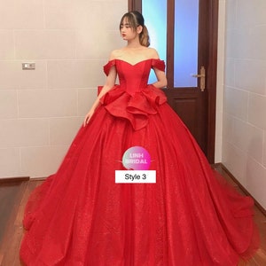 Hot Red Long or Short Sleeve Tulle Ball Gown Wedding/prom Dress With ...