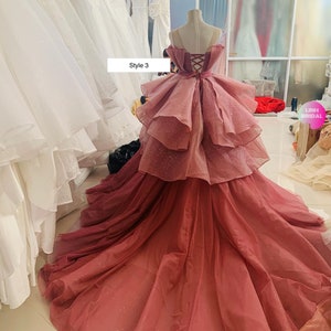 Princess pink off the shoulder ballgown wedding/prom dress with tiered skirt and train various styles image 7