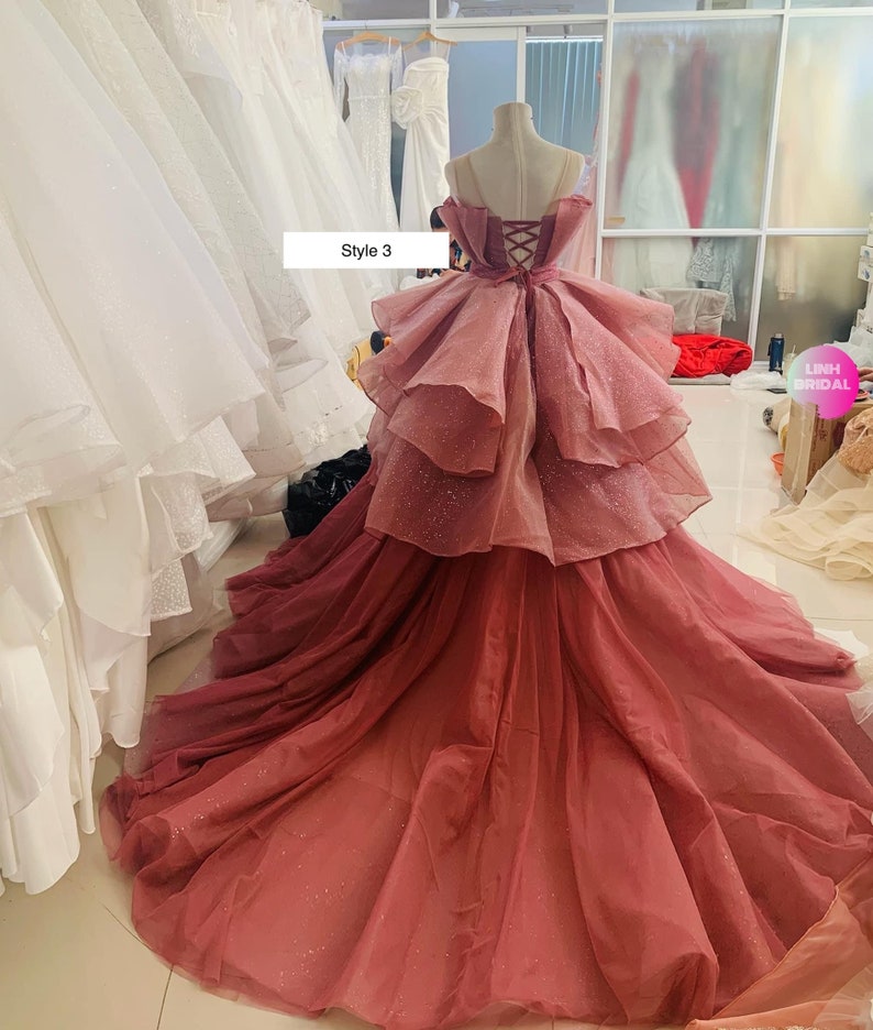 Princess pink off the shoulder ballgown wedding/prom dress with tiered skirt and train various styles image 7