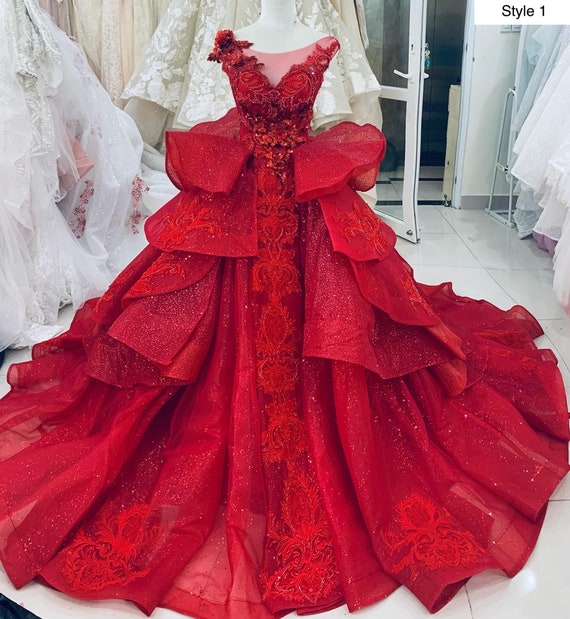Wondrous Red Lace Tiered Skirt Ball Gown Wedding/prom Dress With Glitter  Tulle and Train Various Styles 