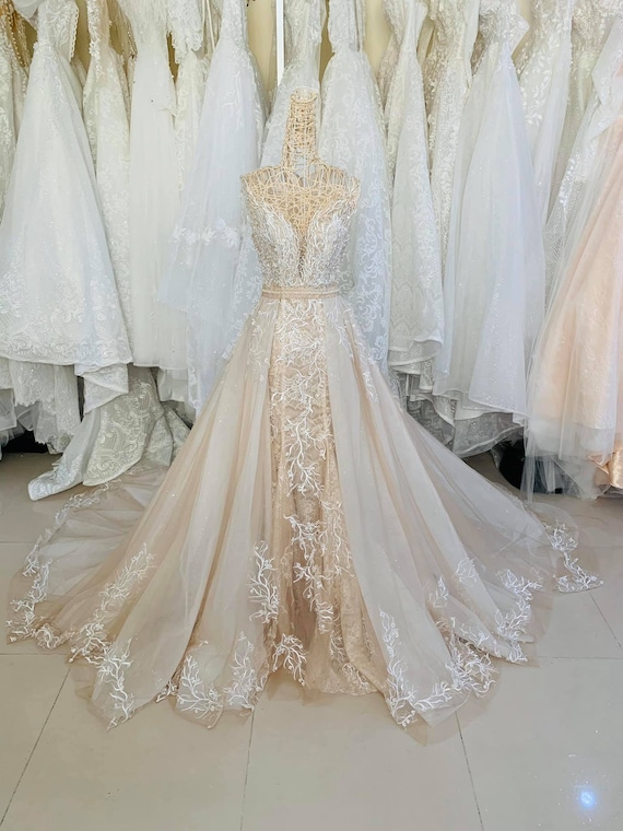 Beige and white wedding dress deals