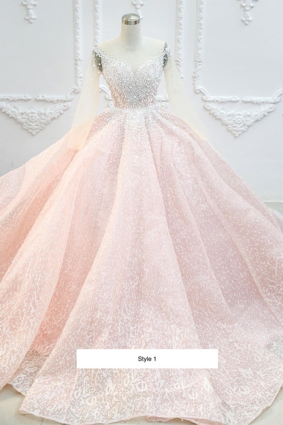 Princess Baby Pink Beaded Long Prom Dress with Ruffles – Dreamdressy