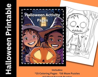 Könnte beinhalten: Ein druckbares Halloween-Aktivitätsbuch für Kinder. Das Cover zeigt zwei Kinder mit Hexenhüten, die einen geschnitzten Kürbis halten. Das Buch enthält Malvorlagen, Labyrinth-Rätsel, Wortsuchrätsel, Worträtsel, Wortsuchbilder und Punkt-zu-Punkt-Bilder.
