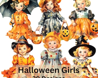 May include: A digital illustration featuring six vintage-style girls in Halloween costumes. The girls are dressed in orange, black, and gray dresses, holding jack-o'-lanterns, and wearing witch hats. The text "Halloween Girls 20 Designs" is at the bottom.