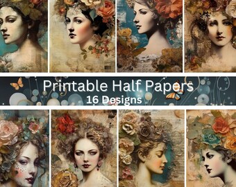Vintage Junk Journal Half Paper Vintage Scrapbooking Papier Afdrukbaar papier voor collage Decoupage papier Digitaal papier Commercieel gebruik