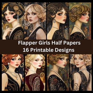 Può includere: Otto illustrazioni di ragazze flapper con collane di perle e acconciature ornate. Le donne sono raffigurate in stile vintage, con uno sfondo scuro e il testo "Flapper Girls Half Papers 16 Printable Designs".