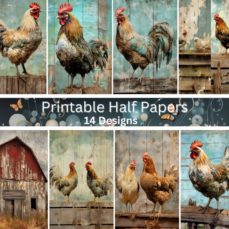 Chicken Digital Paper Barn Printable Junk Journal Half Papers Rustic ...