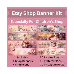 Op de afbeelding: Een digitale downloadset voor Etsy-winkelbanners, productfoto's, Pinterest-pins en Instagram-berichten. De set heeft een aquarel achtergrond met vlinders en baby's. De tekst "Butterflies and Babies" wordt herhaald in de hele afbeelding. De tekst "Designer Children's Clothing" wordt ook herhaald in de hele afbeelding.