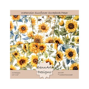Watercolor Sunflower Digital Paper, Seamless, Sunflower Scrapbook Paper, Print, Printable Paper, Commercial Use, Instant Download, Floral