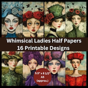 Whimsical Women Collage Girl Collage Printable Junk Journal Half Paper Ephemera Scrapbook Digital Kit Book Page Background Decoupage Craft