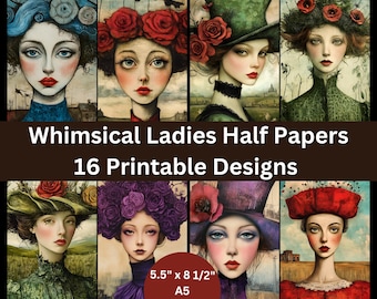 Whimsical Women Collage Girl Collage Printable Junk Journal Half Paper Ephemera Scrapbook Digital Kit Book Page Background Decoupage Craft