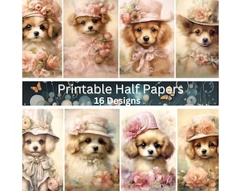 Puppies Junk Journal Half Papers Printable Half Papers Scrapbook Papers Half Digital Half Paper A5 Collage Paper A5 Junk Journal Designs