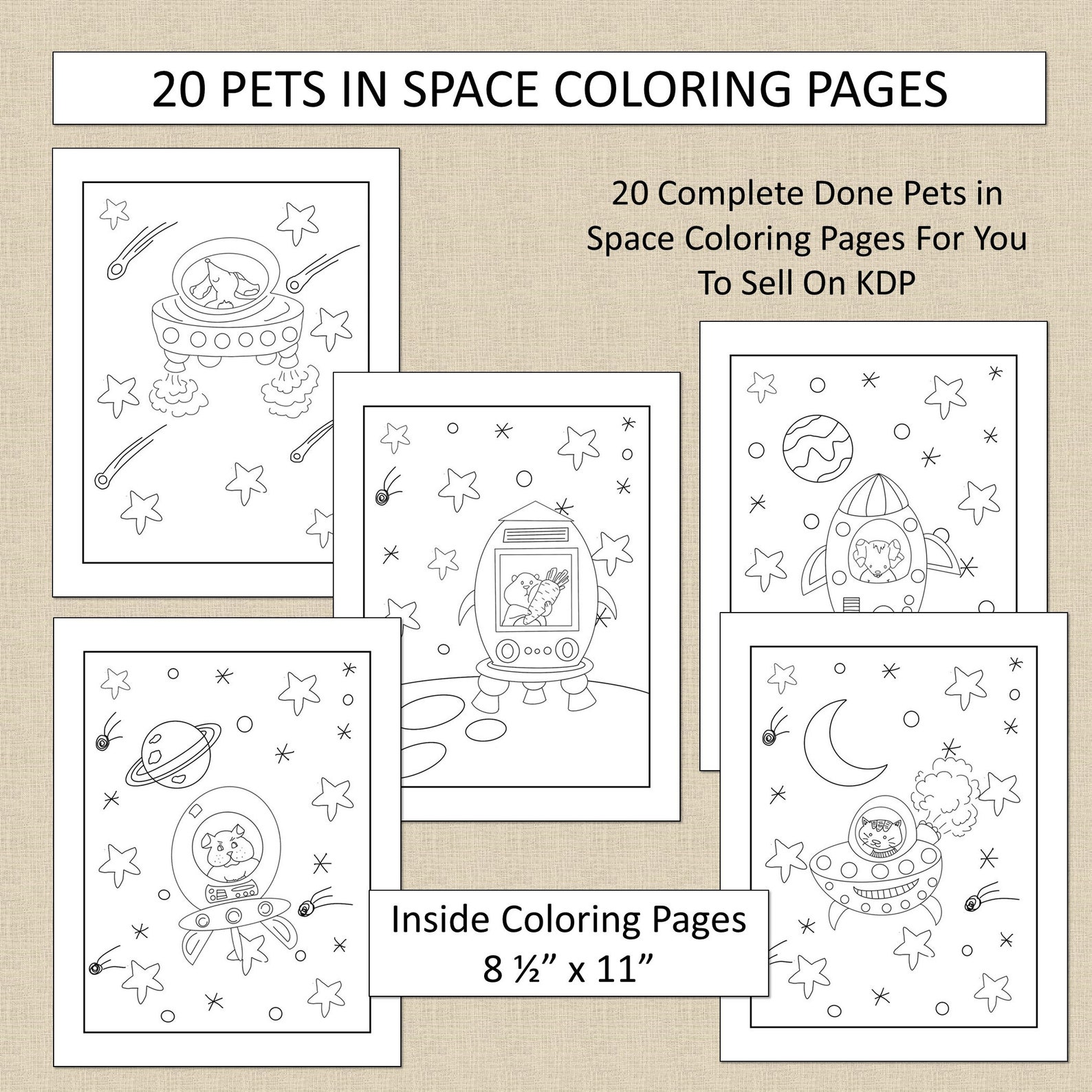 Download 20 Pets in Space Coloring Pages For KDP Commercial Use Cute | Etsy