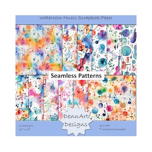 Papel digital de notas musicales de acuarela, papeles de scrapbooking de música, papel de álbum de recortes musical, papel imprimible, descarga instantánea, uso comercial
