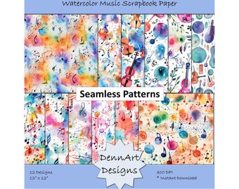 Watercolor Music Notes Digital Paper, Music Scrapbooking Papers, Musical Scrapbook Paper, Printable Paper, Instant Download, Commercial Use