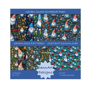 Garden Gnome Scrapbook Paper, Scrapbooking Paper, Junk Journal Paper, Printable Paper, Instant Download, Commercial Use, Scrapbook Sheets