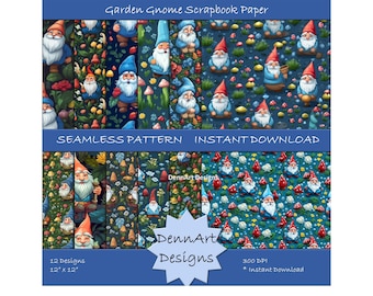 Garden Gnome Scrapbook Paper, Seamless Patterns (Digital Download)