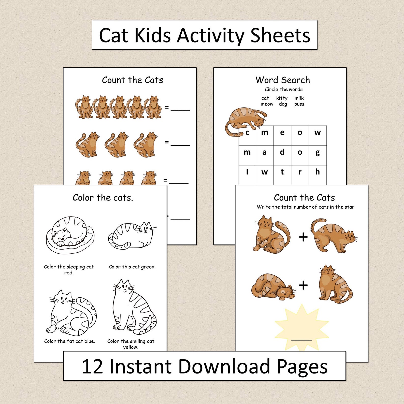 Cat Kids Activity Pages Printable Activity Pages Kids Coloring Etsy