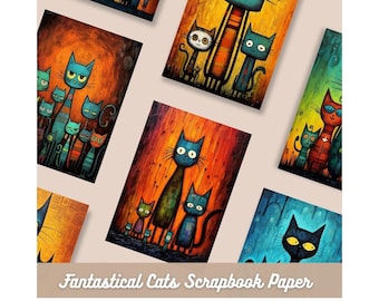 Whimsical Cat Scrapbook Paper, Fantastical Designs (Digital Download)
