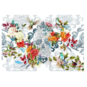 May include: A white sugar skull with floral accents and colorful birds on a white background with a gray damask pattern.