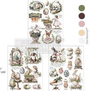 May include: Three sheets of Easter-themed decorative transfers. The sheets feature vintage illustrations of bunnies, eggs, carrots, and floral arrangements. The sheets measure 11 inches (27.9 cm) by 8.5 inches (21.5 cm). The color palette includes shades of green, brown, pink, and cream.