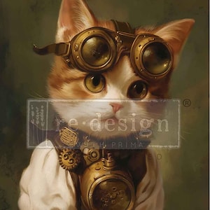 Large Decoupage Paper for Furniture CLOCKWORK KITTY || Redesign with Prima A1 Fiber Paper || Steampunk Kitten with Goggles
