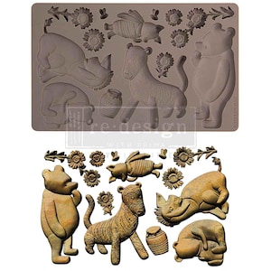 May include: A two-part image featuring a silicone mold and a cast of the mold. The mold is gray and features various animal and floral designs. The cast is brown and shows a bear, tiger, rhino, bee, flowers, and honey pot.