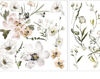May include: Two sheets of floral stickers with a watercolor design. The stickers feature white, pink, and green flowers and leaves.