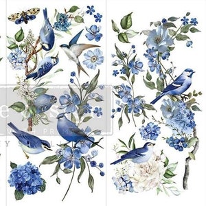 New! Rub on Transfers for Furniture GARDEN WHISPERS || Redesign with Prima Small Decor Transfer || 3 Sheets || Blue Birds Flowers
