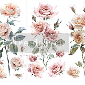 May include: A set of three watercolor transfer sheets featuring delicate pink roses with green leaves. The sheets are 12 inches tall and 6 inches wide.