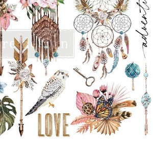 May include: A set of watercolor illustrations featuring bohemian and nature-inspired elements. The set includes a deer skull, dreamcatchers, arrows, flowers, butterflies, a bird, a key, and the words "love" and "adventure".