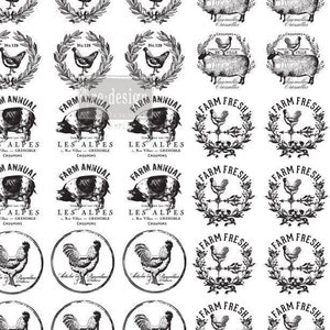 May include: A sheet of black and white vintage-style illustrations featuring farm animals, chickens, and wreaths. The illustrations include text such as "Farm Fresh", "Farm Annual", and "Les Alpes".