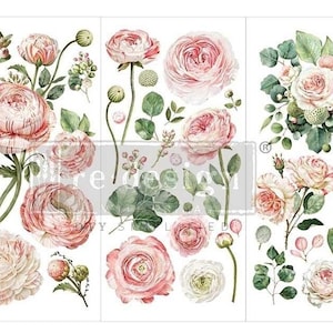May include: A sheet of pink and white floral decoupage paper with a variety of flowers, leaves, and stems. The paper is 12 inches by 6 inches.