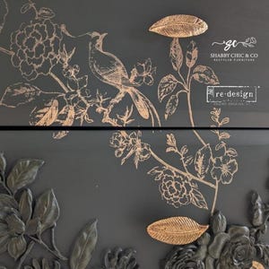 Furniture Transfers A BIRD SONG || Redesign with Prima Rub on Transfers || Gold Birds and Flowers on Vines