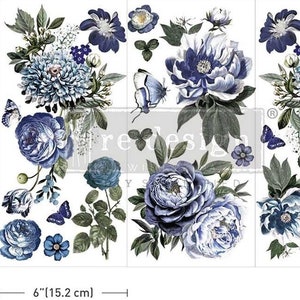 New! Rub on Transfers for Furniture INDIGO PETALS || Redesign with Prima Small Decor Transfer || 3 Sheets || Flowers