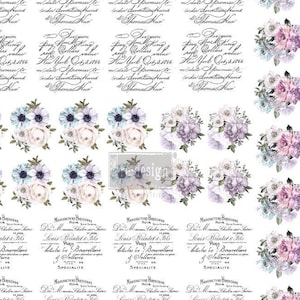 May include: A sheet of decoupage paper with 24 different designs. The designs feature floral patterns in shades of pink, purple, blue, and white. Some designs include text in a cursive font.