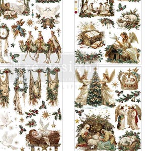 May include: A sheet of decorative Christmas-themed transfers. The transfers feature illustrations of angels, the nativity scene, stars, and other holiday elements. The sheet measures 11 inches (27.9 cm) high and 8.5 inches (21.5 cm) wide.
