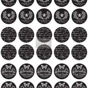 May include: Twenty-four black and white round stickers with various designs. Some stickers feature bees and flowers, others have a script font with the words "Bees & Queens" and "Glaces de Patiences Andre Cartier Specialite".