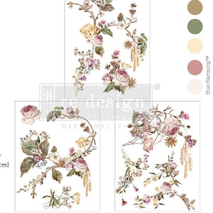May include: Three floral transfer sheets with a vintage design. The sheets feature roses, other flowers, and foliage in shades of pink, yellow, and green. Each sheet is 11 inches (27.9 cm) tall and 8.5 inches (21.5 cm) wide. The text "re design" and "DIY" are visible.