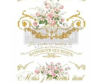 May include: A gold and white transfer sheet with a floral design and the text "Les Roses de Saadi" and "J'ai voulu ce matin te DIY SIMPLIFIED RAPPORTER DES ROSES; Mais j'en avais tant PRIS DANS MES CEINTURES CLOSES Que les noeuds trop serrés n'ont pu les contenir."