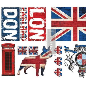May include: A decorative transfer sheet featuring British-themed imagery including the word LONDON, the Union Jack flag, a red telephone box, a bulldog silhouette with a flag pattern, three small hearts, and a royal coat of arms with a lion and unicorn.