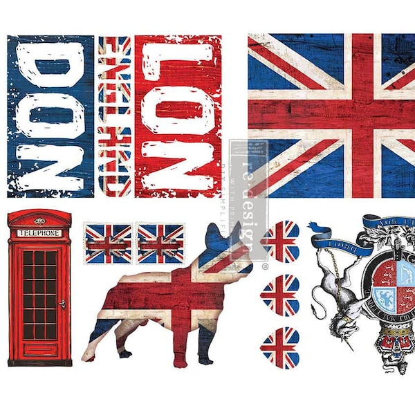 Furniture Transfers, LONDON LOVE, Redesign with Prima Transfers, Rub on Transfers, British Flag