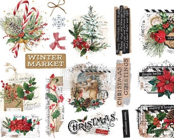 Pode incluir: Uma coleção de autocolantes decorativos com tema natalício, incluindo bengalas doces, poinsétias, pinhas, azevinho e etiquetas de estilo vintage com textos como Winter Market, Christmas Greetings, Jingle Bells e Merry and Bright.
