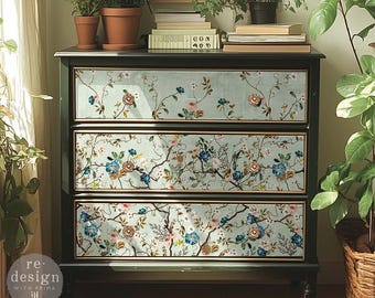 Extra Large Decoupage Paper for Furniture BLOSSOM PERCH | Redesign with Prima Fiber Paper | Size A1 | Floral Vines Teal Pink Long Flower