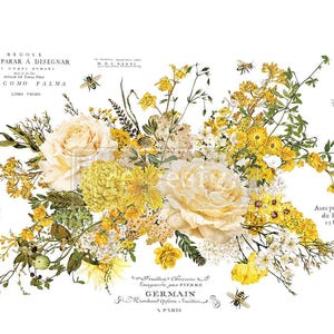 May include: A vintage botanical illustration featuring a bouquet of white and yellow flowers, including roses, daisies, and other blooms. Bees are flying around the flowers, and the image includes text in French.
