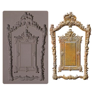 May include: A silicone mold for making decorative picture frames. The mold is shown next to a finished frame made with the mold. The frame is gold and has a detailed ornate design.
