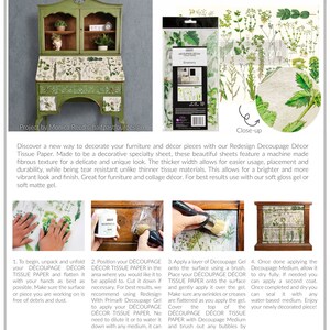 May include: A close-up of a green wooden cabinet with a floral design on the top. The cabinet is decorated with decoupage tissue paper. The tissue paper is a floral design with green leaves and white flowers. The tissue paper is 19 inches by 30 inches. The text "Create Magic with Decoupage Decor Tissues" is printed on the top of the image.