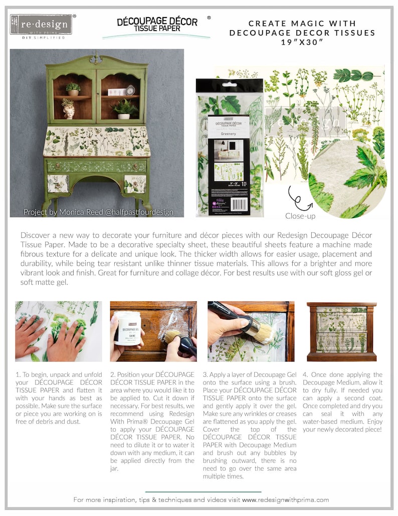 May include: A close-up of a green wooden cabinet with a floral design on the top. The cabinet is decorated with decoupage tissue paper. The tissue paper is a floral design with green leaves and white flowers. The tissue paper is 19 inches by 30 inches. The text "Create Magic with Decoupage Decor Tissues" is printed on the top of the image.